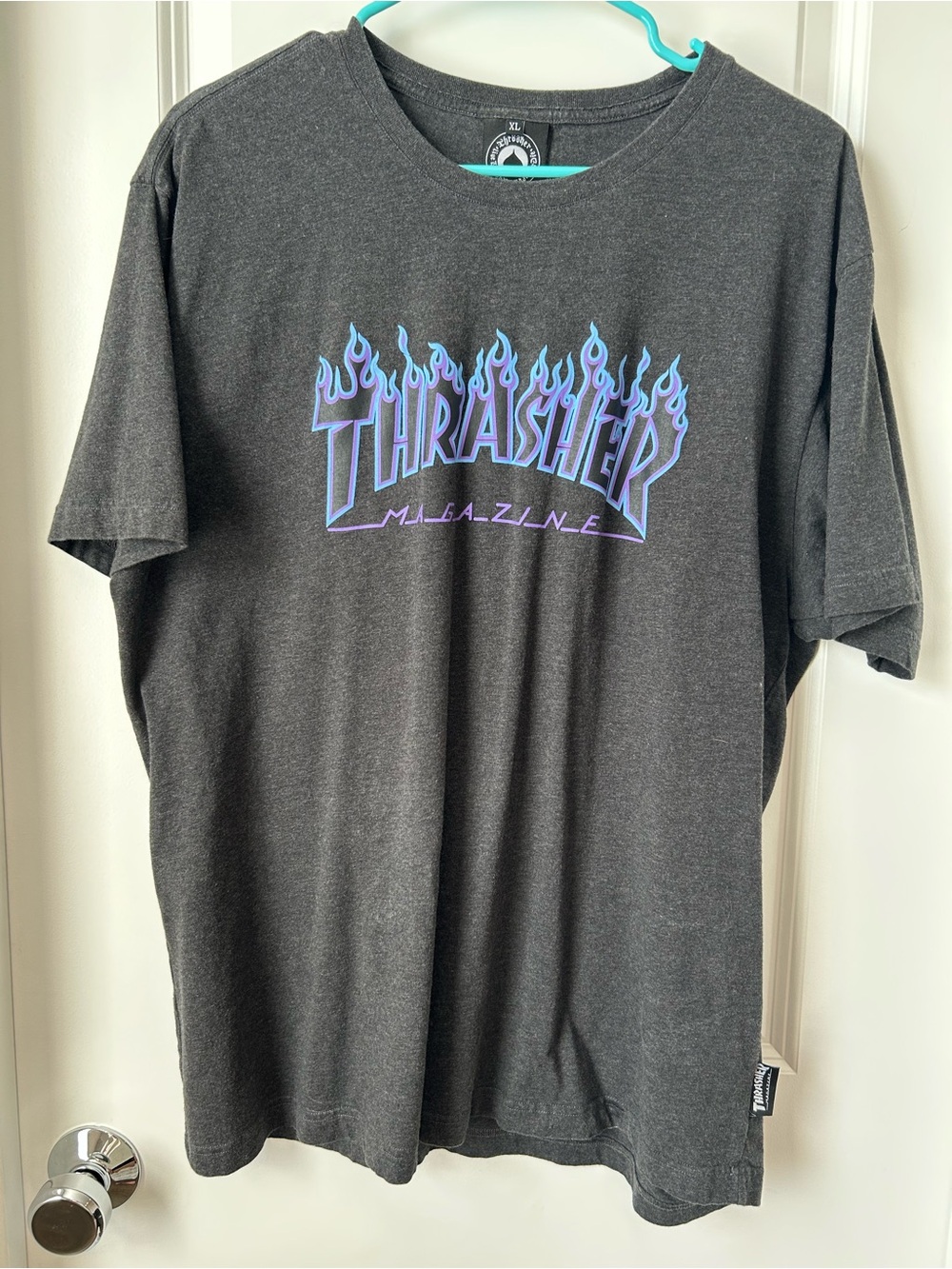 Thrasher Gray T-Shirt with Blue and Purple Flame Logo